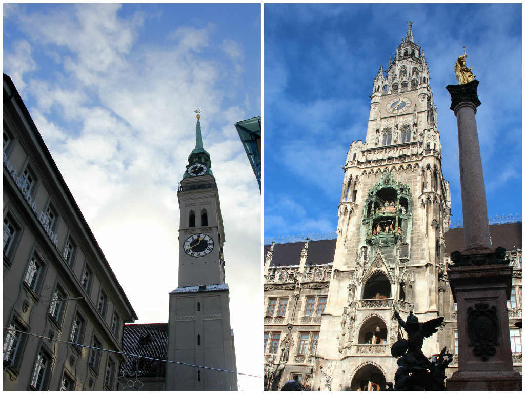 Du bokštai Marienplatz, į kuriuos galima įlipti: Šv. Petro bažnyčios varpinė (kariėje) ir naujosios rotušės bokštas